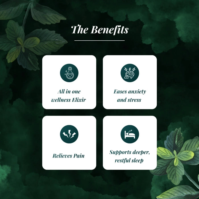 Four benefits of a wellness elixir on a dark green background with leaf illustrations.