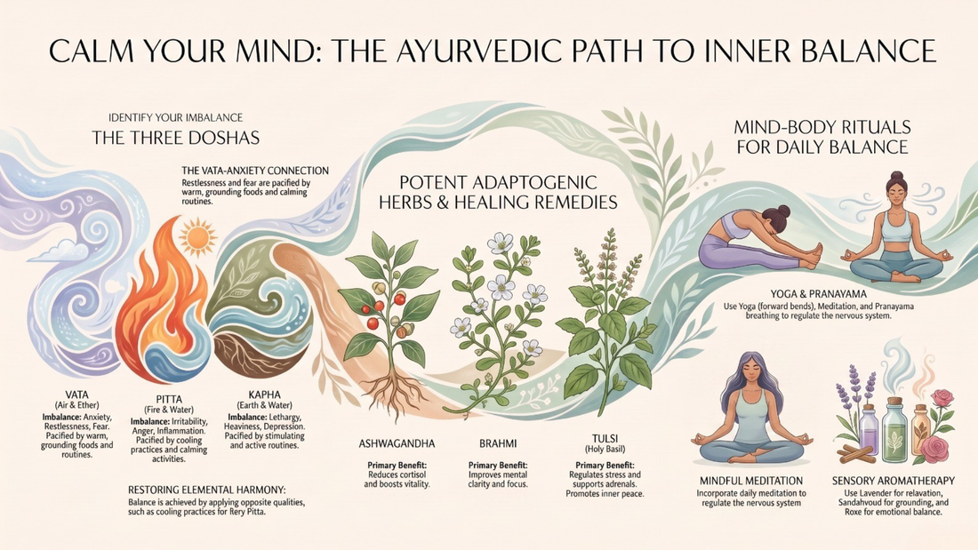 Ayurvedic infographic showing the three doshas Vata Pitta Kapha, adaptogenic herbs Ashwagandha Brahmi Tulsi, and mind-body rituals including yoga pranayama meditation and aromatherapy for stress and anxiety relief