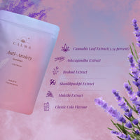 CALMA anti-anxiety gummies packaging with lavender flowers on a pink and purple gradient background