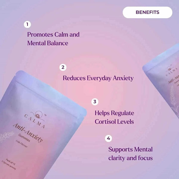 Infographic listing benefits: promotes calm, reduces anxiety, regulates cortisol, supports mental clarity