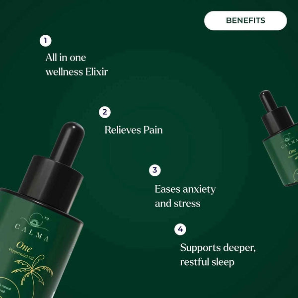 Infographic listing benefits: all-in-one wellness elixir, relieves pain, eases anxiety and stress, deeper sleep