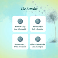 List of benefits with icons on a gradient background with dandelions.