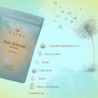 CALMA Pain Relaxant Gummies packaging with ingredients listed on a dandelion-themed background