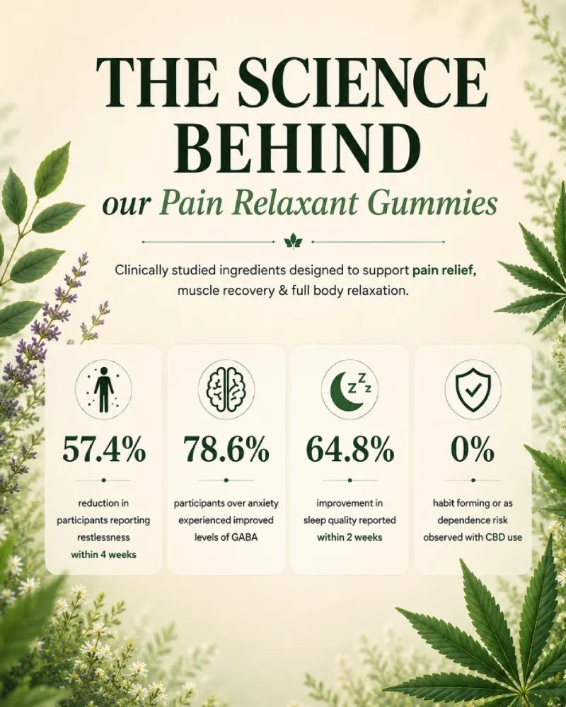 An informational infographic titled 'THE SCIENCE BEHIND our Pain Relaxant Gummies' on a cream background with botanical illustrations. It shows four statistics with icons: 57.