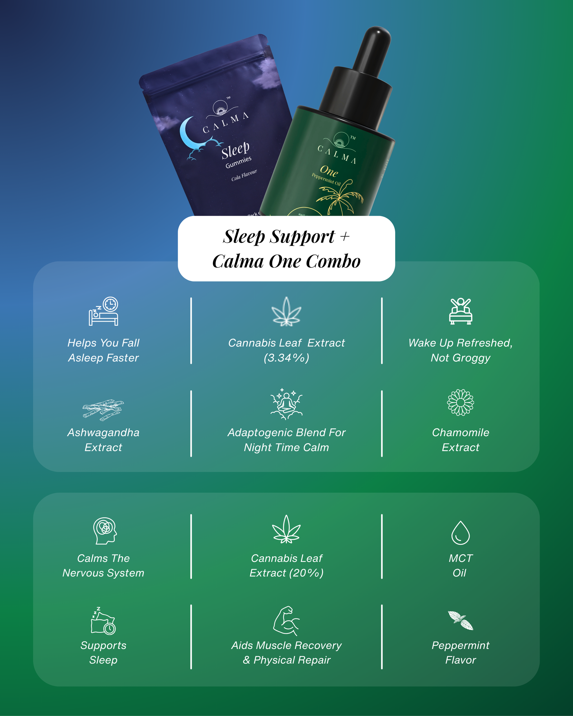 Calma Sleep Support Gummies and Calma One combo bundle for restful sleep and balance