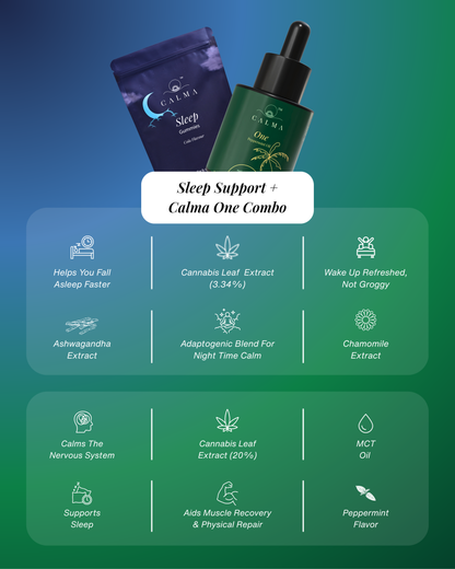 Calma Sleep Support Gummies and Calma One combo bundle for restful sleep and balance