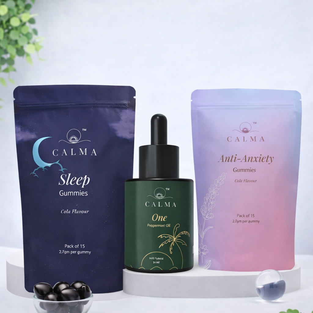 Calma Essentials bundle with sleep gummies, anti-anxiety gummies and Calma One tincture bottle