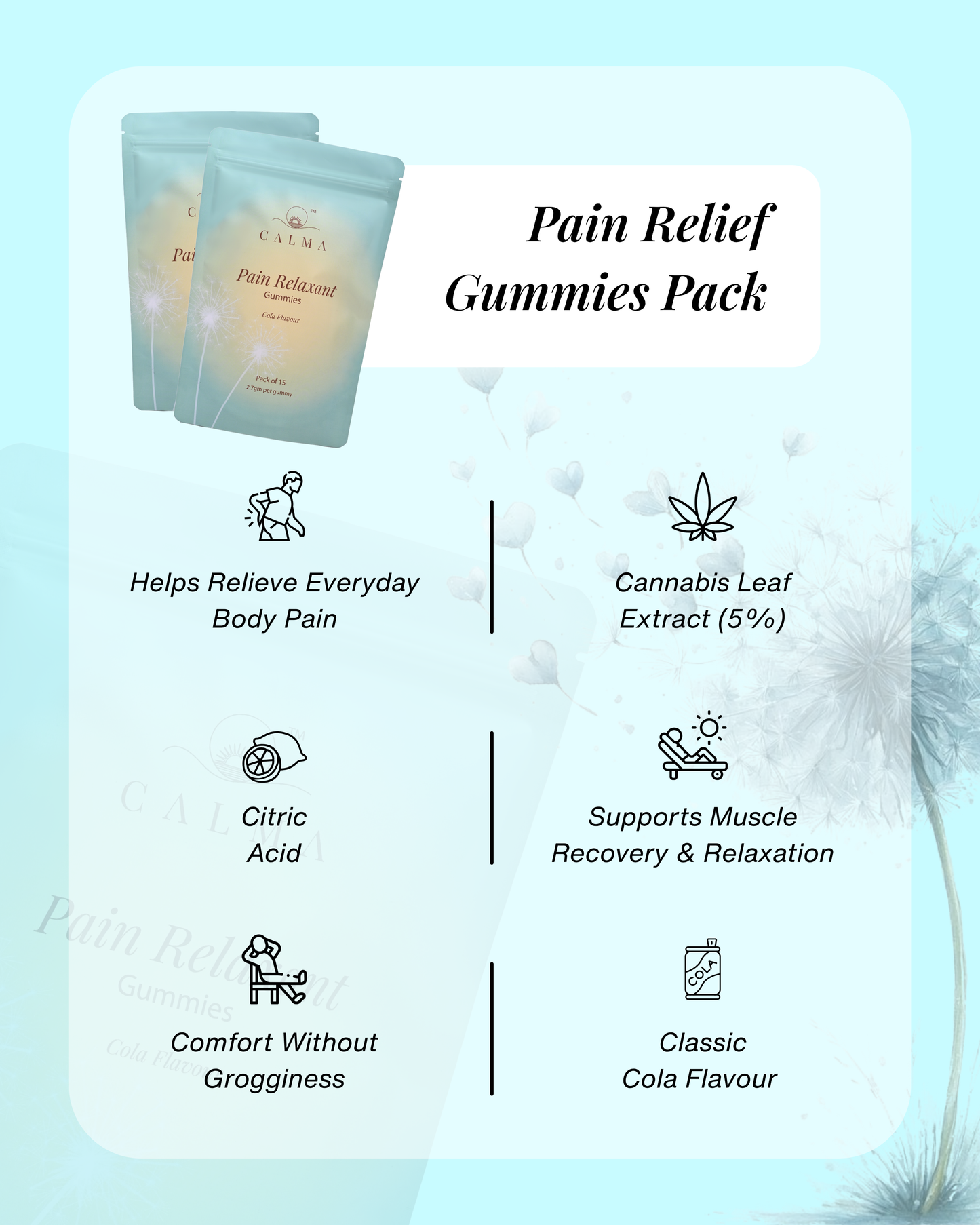 Calma Pain Relief Gummies pack for body pain relief and muscle recovery
