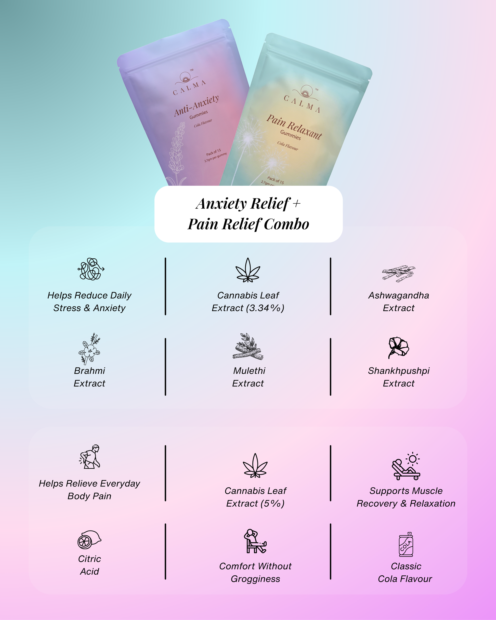 Calma Anxiety Relief and Pain Relief Gummies combo bundle for stress relief and recovery