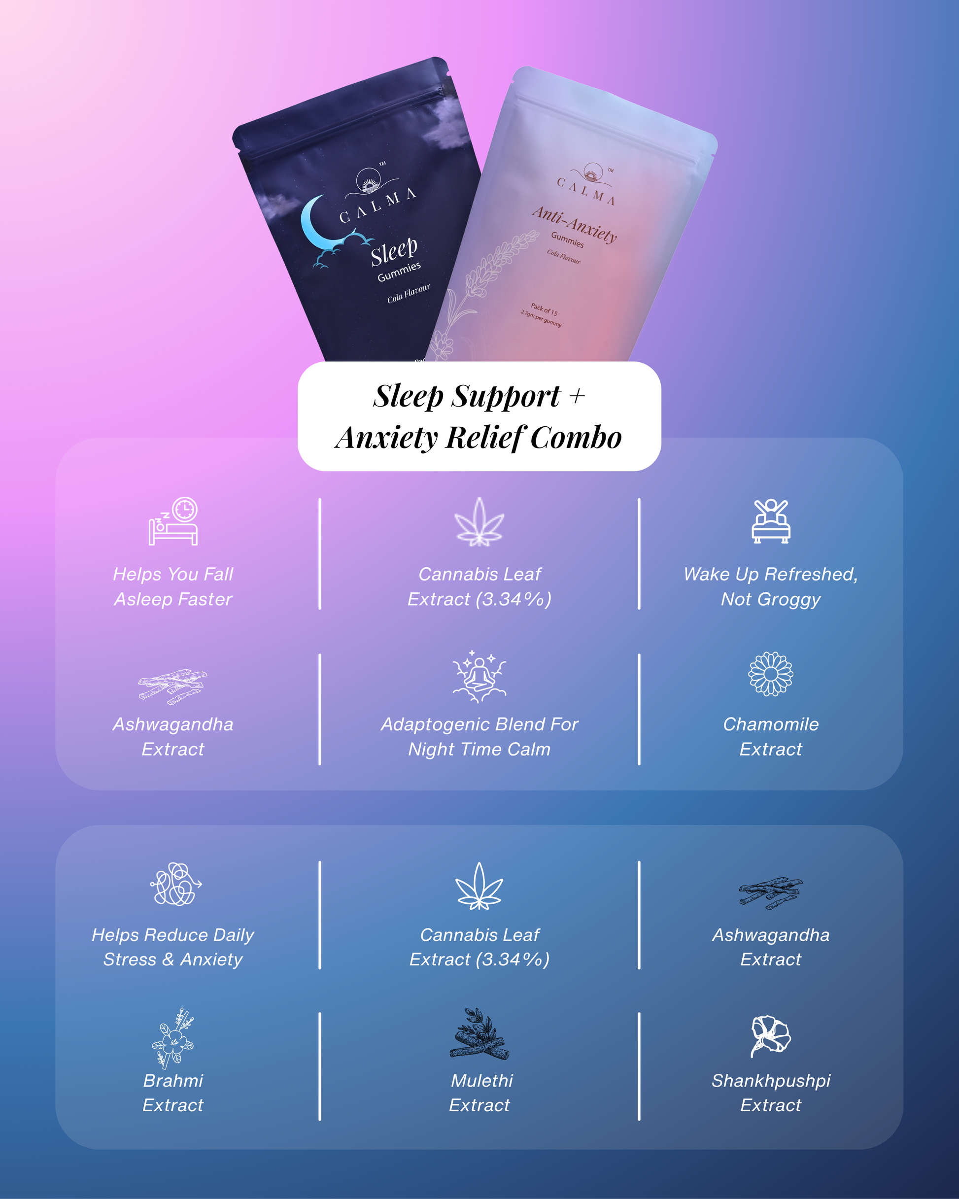 Calma Sleep Support and Anxiety Relief Combo gummies bundle for calm and restful sleep